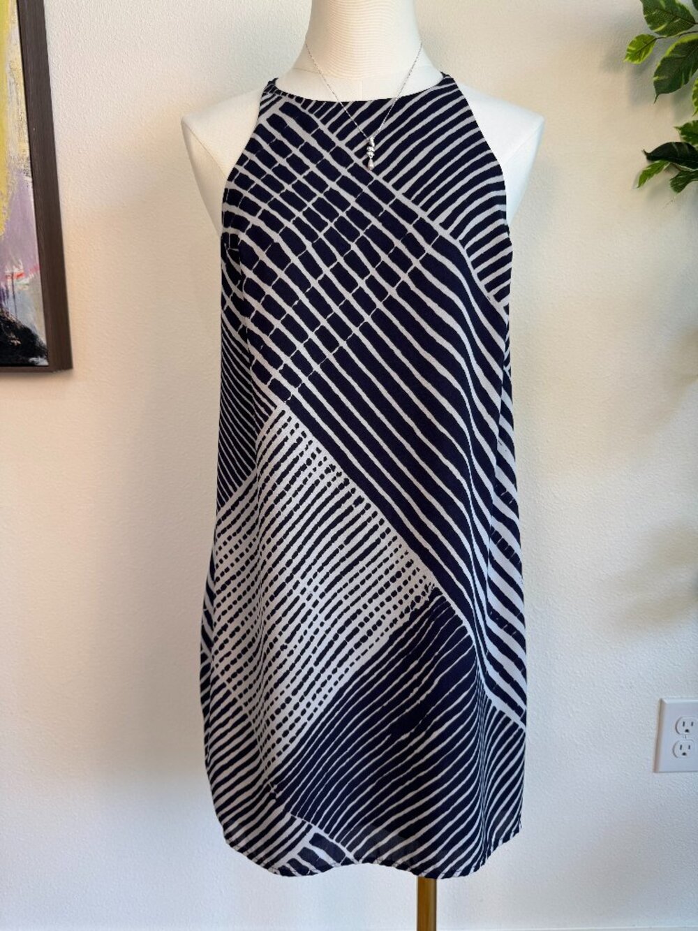 Eight Sixty Geometric Print Halter Dress Navy/White Size Small